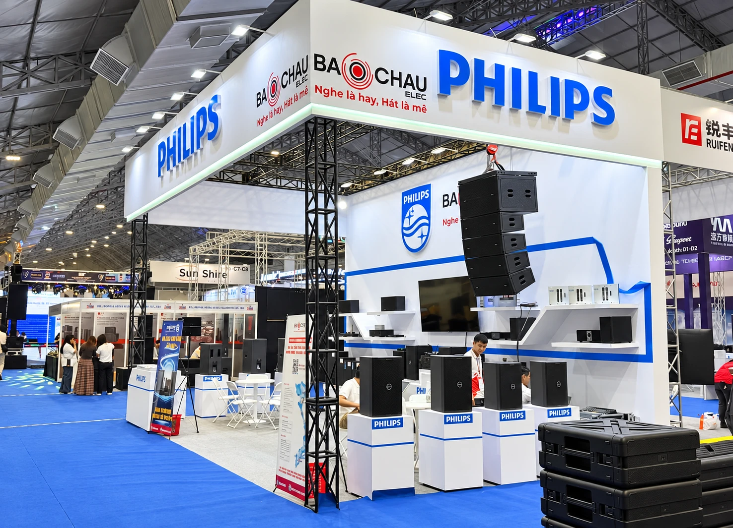 PHILIPS and Bao Chau audio exhibition booth with a white brand fascia, speaker towers and display counters